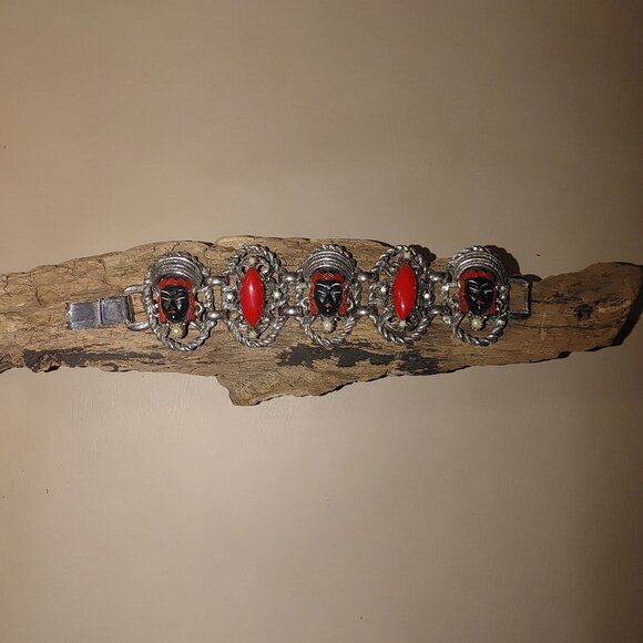 Vintage Selro Selini Bracelet MCM Red Black Enamel Lady Princess Faces Large - Picture 2 of 11
